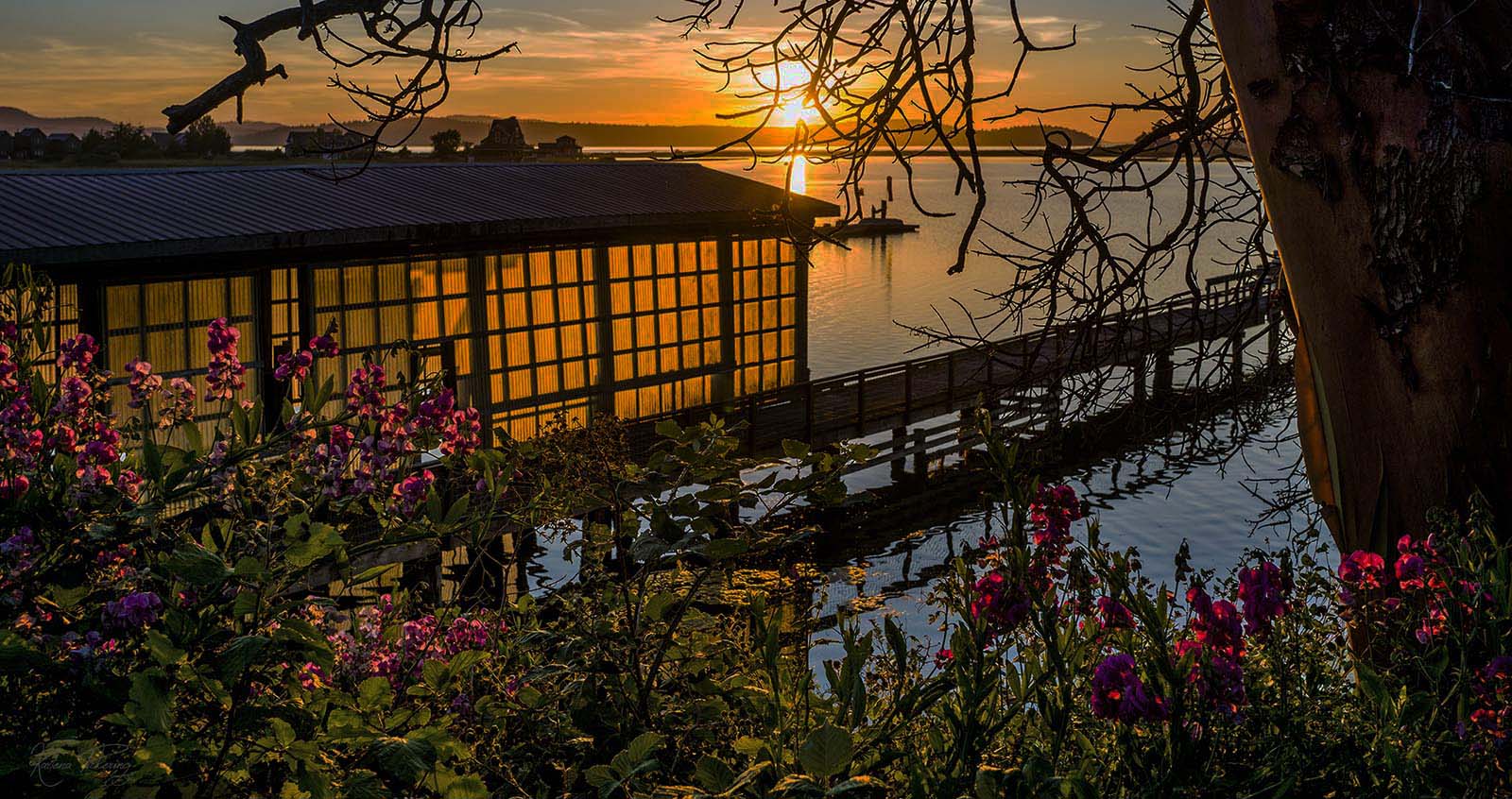 Lopez island sunset boat house moorage bay